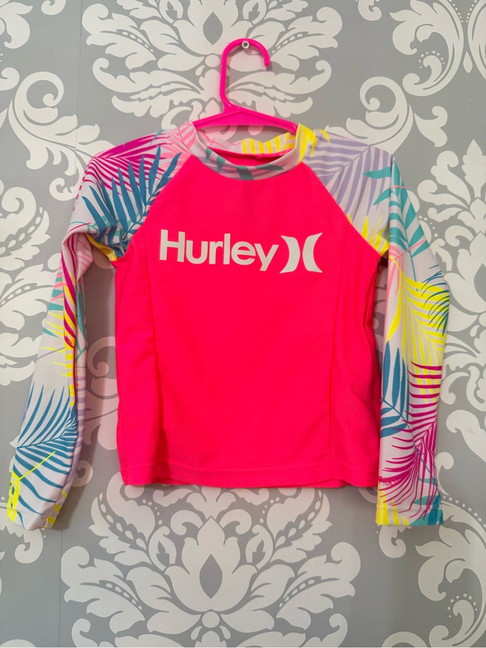 💫4/$25 •Hurley Neon Pink Kids' Long Sleeve Rash Guard with Tropical Print Sleeve